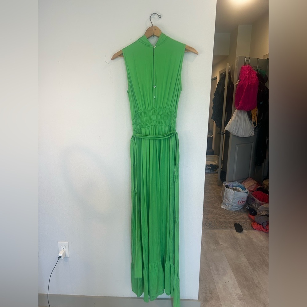NOUVELLE SILK95FIVE Costantia Silk Maxi Dress Green Tie Keyhole Quiet Luxury S - Picture 6 of 13